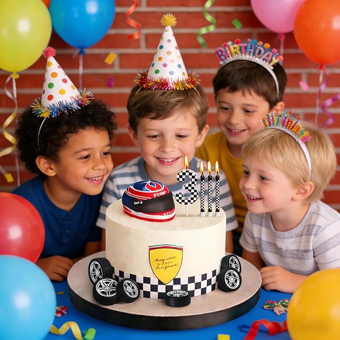 13 Pcs Racing Cars Themed Birthday Candles, Black and White Checkered Birthday Cake Candles, Numeral 3 Candle Wheel Tire for Racing Car Party Decoration Theme Party Supplies (Number 3)