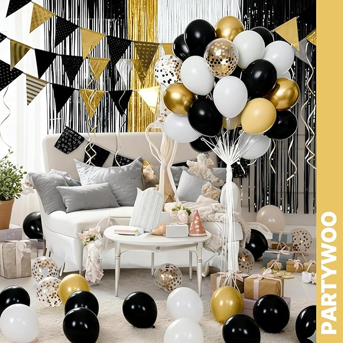 PartyWoo Black and Gold Balloons 66pcs 12 Inch Matte Black White Metallic Chrome Gold Confetti Balloons for Graduation Baby Shower Birthday New Year's Eve Anniversary Bachelorette Party Decorations