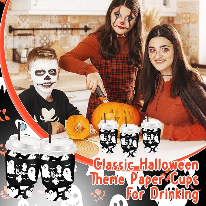 Pickmesh 50 Set 12oz Halloween Disposable Coffee Cups with Lids and Sleeves Straws, Ghost Boo Bat Paper Cups for Cold Hot Cocoa Drink Halloween Party Supplies