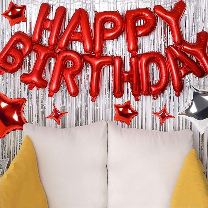CANREVEL Happy Birthday Banner 13pcs 16 Inch Mylar Foil Letters with 12pcs Star Balloons Birthday Party Decorations for Kids and Adults - 3D Red