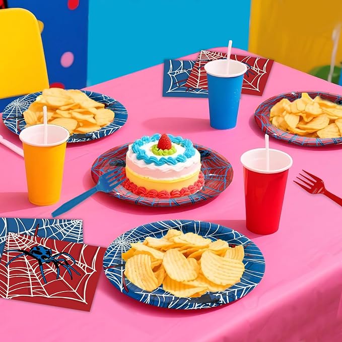96 Pcs Spider Party Supplies Disposable Tableware Set Serve 24 Guests Include Spider Web Paper Plates and Napkins Plastic Forks for Birthday Party Baby Shower Halloween Decorations(Classic)