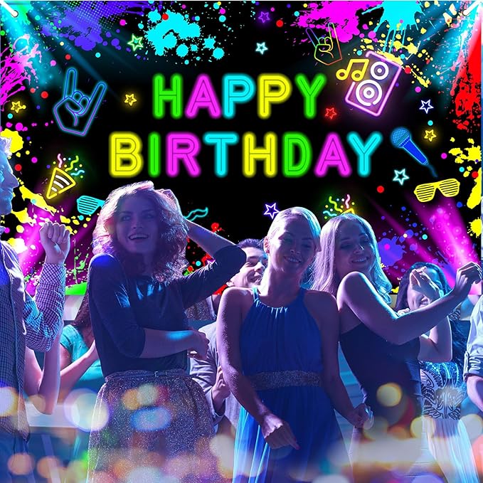 Neon Birthday Backdrop 7x5 ft Glow in The Dark Banner Neon Birthday Party Decorations Glow Photography Background Photo Booth Props