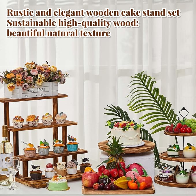 Roowest Wood Cake Stands Set of 6 Wood Dessert Tower Dessert Trays Desert Stands Cupcake Stand Rustic 3 Tier Farmhouse Cupcake Serving Stands with Dessert Trays for Tea Party(Brown)