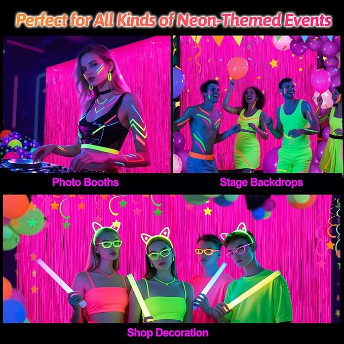 Glow in The Dark Party Supplies 2 Pack Neon Party Decorations Fluorescent Tinsel Foil Fringe Curtains Photo Booth Prop Backdrop Streamer Blacklight Decorations (Neon Hot Pink)