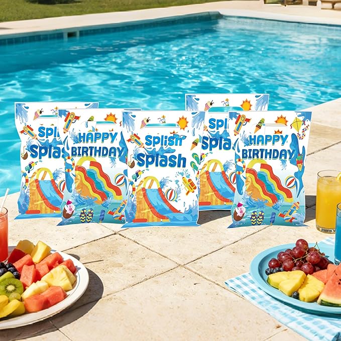 MOIZYNG 50Pcs Splish Splash Summer Birthday Gift Bags with Handles, Blue Splish Splash Happy Birthday Plastic Candy Treat Goodie Bags for Summer Pool Party Favors Supplies