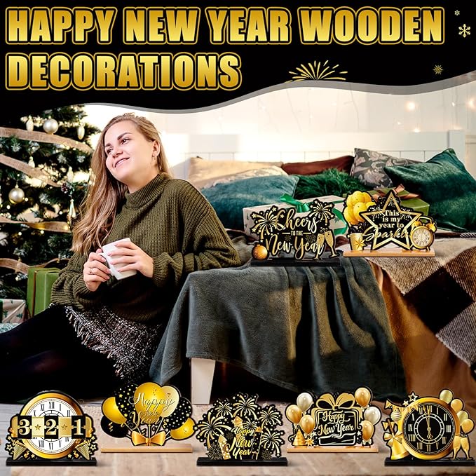 Marsui 12 Pcs Happy New Year Wooden Table Decorations 2026 New Year Table Centerpiece Tiered Tray Home Decor Signs Party Decorations for Party Supplies
