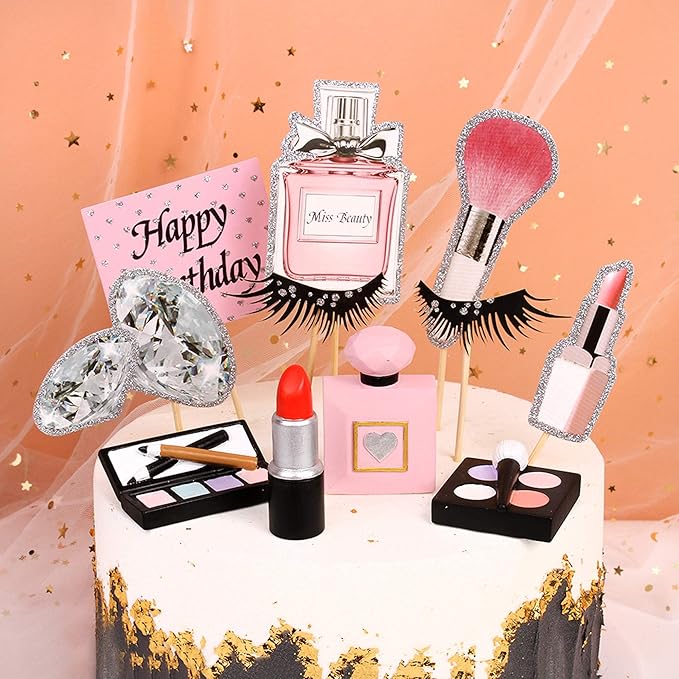 Ercadio 4Pcs Resin Make Up Cake Toppers 3D Cosmetics Lipstick Perfume Bottle Cake Picks for Makeup Birthday Cake Decors Bridal Shower Bachelorette Makeup Party Decorations Supplies