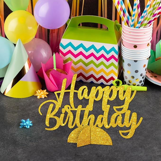 Happy Birthday Table Centerpiece, Gold Glitter Birthday Party Paper Free Standing for Men Women, Anniversary Script Table Centerpiece Party Supplies