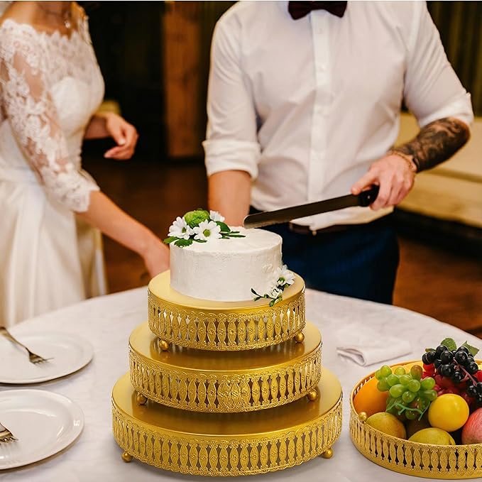 Goaste 3 Pack Metal Gold Cake Stand, 8"/10"/12" Round Cake Stands Set, Dessert Cupcake Display Stand Plate, Metal Display Risers for Pastry, Wedding, Birthday, Party, Anniversary, Table Decor, Events