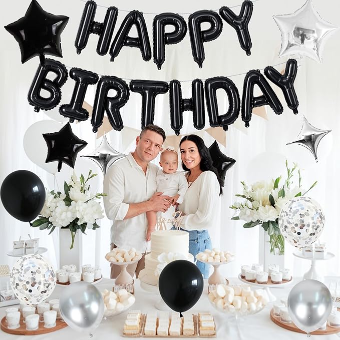 Happy Birthday Balloon Banner Black Silver, 16 Inch Mylar Foil Letter Balloons, Reusable Birthday Decorations with Black and Silver Balloons, Inflatable Party Supplies for Women Men Boys Girls Decor