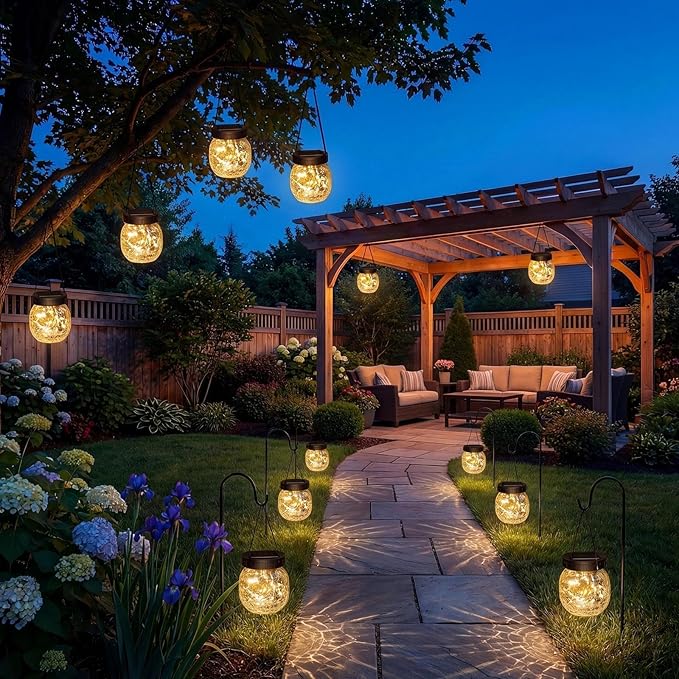 12 Pack Solar Lanterns Outdoor Waterproof, Crackle Glass Hanging Lights with Warm Glow, Waterproof Outside Lights for Tree Shepherd Hook Fence Patio Yard Decor & Gifts for Women Mom