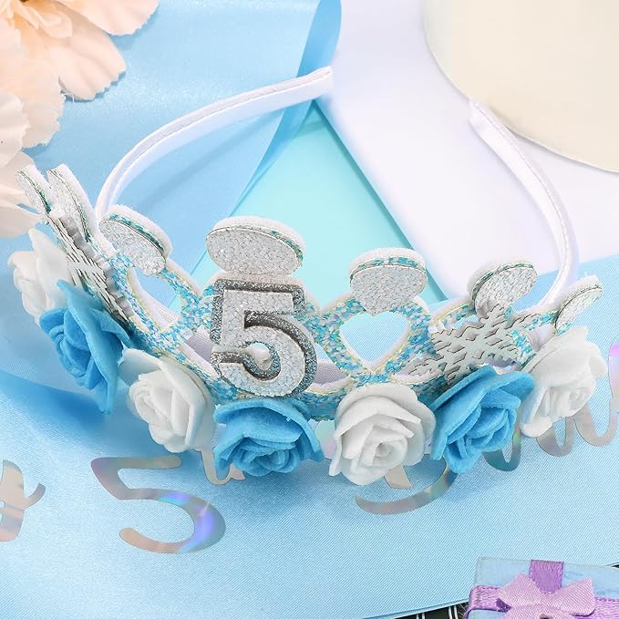 CUBACO 5th Birthday Crown Headband and Sash, 5 Year Old Girl Birthday Gift Ideas for Blue Princess Crown, Frozen Party Decorations Favors for Girls Outfit