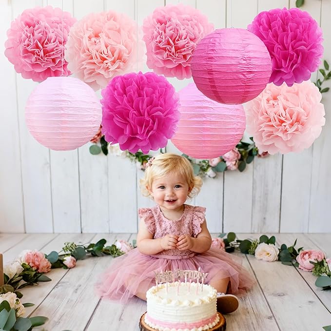 BEISHIDA Pink White Tissue Hanging Paper Flowers Lanterns Party Decorations Set for Birthday Graduation Baby Shower Bridal Bachelorette Wedding Photo Booth Backdrops Party Supplies(18 Packs)