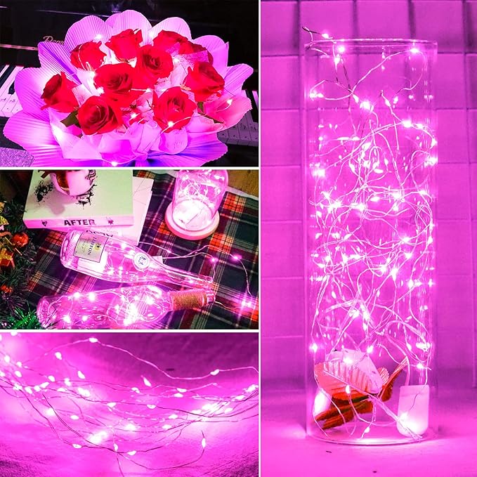 SmilingTown Battery Operated Fairy String Lights 24 Pack 20 LED 7.2ft Starry Firefly Copper Wire for Wedding Party Table Centerpiece Halloween Christmas Decorations (Pink)