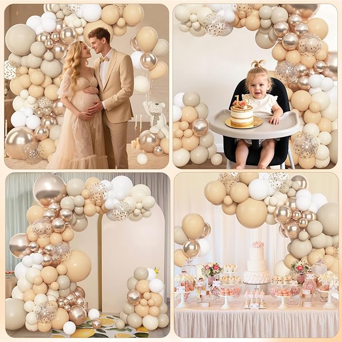 Amandir 153pcs White Sand Balloon Arch Garland Kit, Different Sizes 18 12 10 5 inch Beige Nude Neutral Metallic Champagne Gold Confetti Balloons for Boho Bridal Baby Shower Birthday Party Decorations