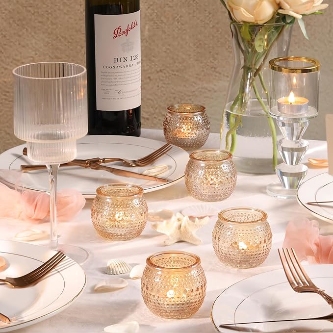 32 Pcs Gold Votive Candle Holders, Round Tea Light Candle Holders with Polka Dot Embossed, Gold Table Centerpieces for Weddings, Home Decor, Baby Shower, Special Occasions