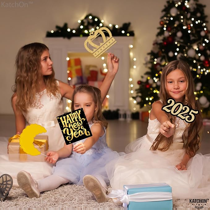 KatchOn New Years Eve Photo Booth Props 2025 - Pack of 33, Glitter NYE Party Supplies | Happy New Year Decorations