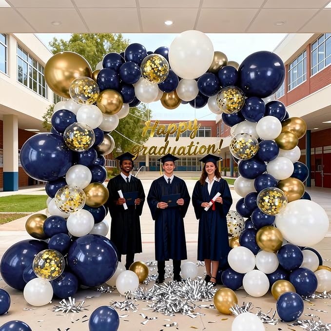 Navy Blue Gold White Balloons Arch Kit -129pcs Double Stuffed Royal Blue Chrome Gold Pearl Sand White Confetti Balloons Garland for Graduation Fathers Day Birthday New Year Wedding Party Decorations