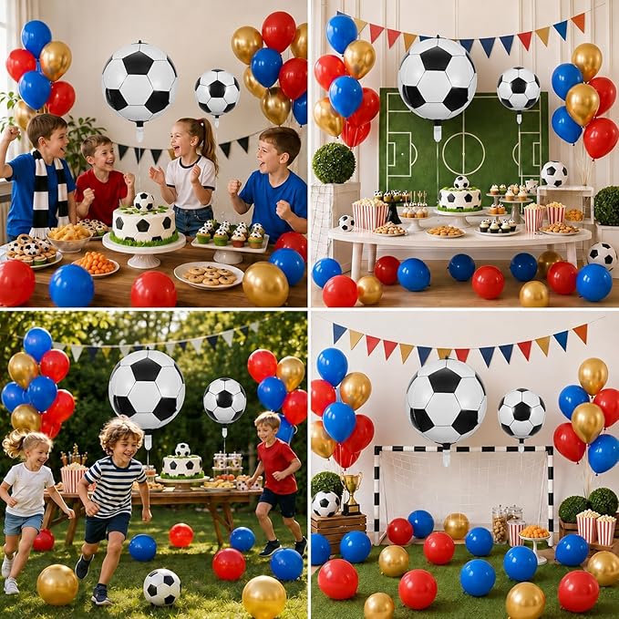 Soccer Balloons, 12 Inch Red and Blue Metallic Gold Latex Balloons with Soccer Ball 4D Foil Balloon for Boys Kids Sport Theme Birthday Decorations Football Lover Men Party Baby Shower Decor Supplies