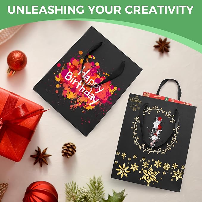MOXARYSU 4 Pcs Medium Black Gift Bags: 8x5x10 Inches Gift bags With Handles Party Favor Bags With 8 Tissue Paper For Party,Birthday,Baby Shower,Wedding(Black)