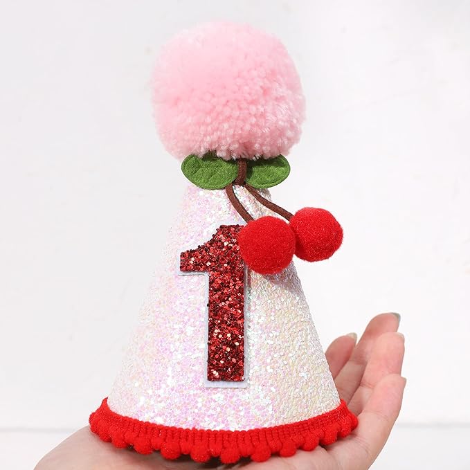 Cherry 1st Birthday Hat - Sweet One Party Decorations, Pink Glitter First Crown for Girls, Fruit Themed Cake Smash, Pink Felt Party Crown