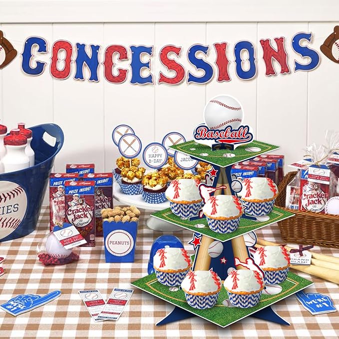 KALEFO 3 Tier Baseball Cupcake Stand Grand Slam Dessert Tower Sports Party Centerpiece for Baseball Birthday Team Celebration Cake Display Decorations Supplies