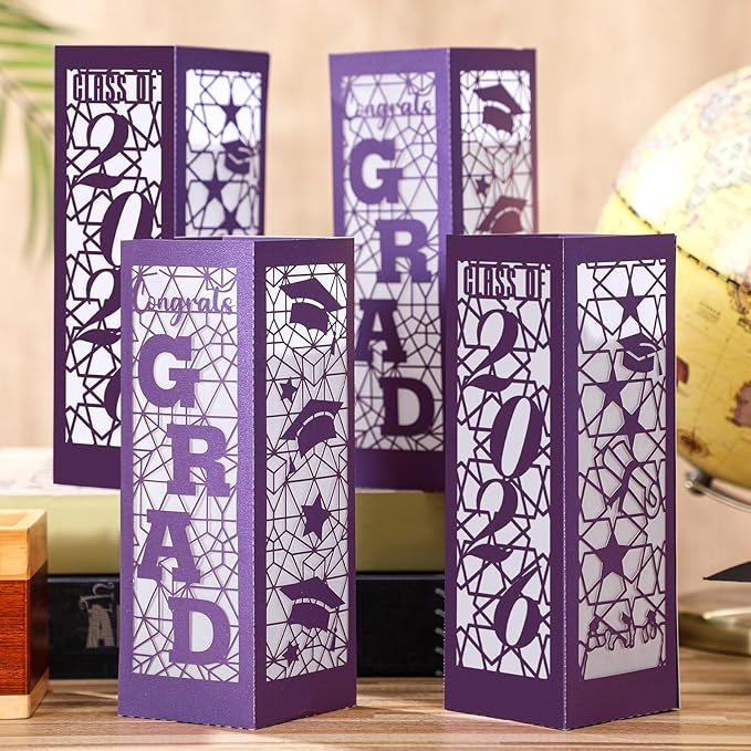 Rossesay 6 Pcs Graduation Table Centerpieces Boxes Class of 2026 Graduation Lanterns for Centerpieces with LED Candles Congrats Grad School College Photo Props for Party Table Decoration (Purple)