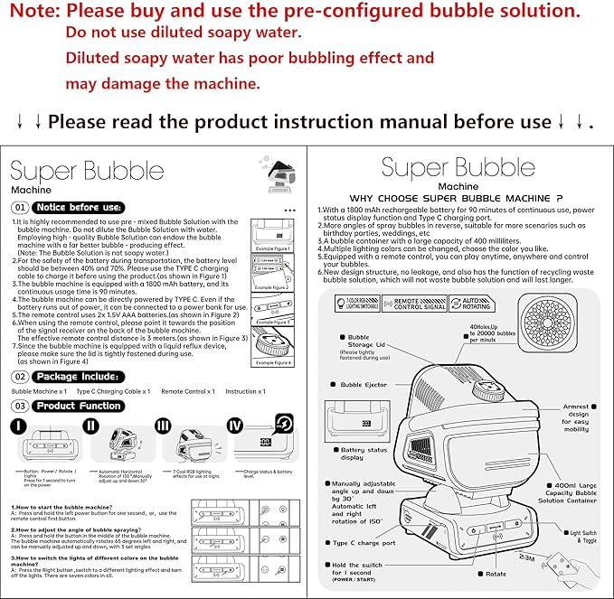 Belemar Upgraded Bubble Machine with Remote Control, Automatic Rotation & RGB Lights, 1800mAh Rechargeable Battery, Type-C Charge, Bubble Maker for Kids, Weddings, Birthday Parties, Outdoor Activities