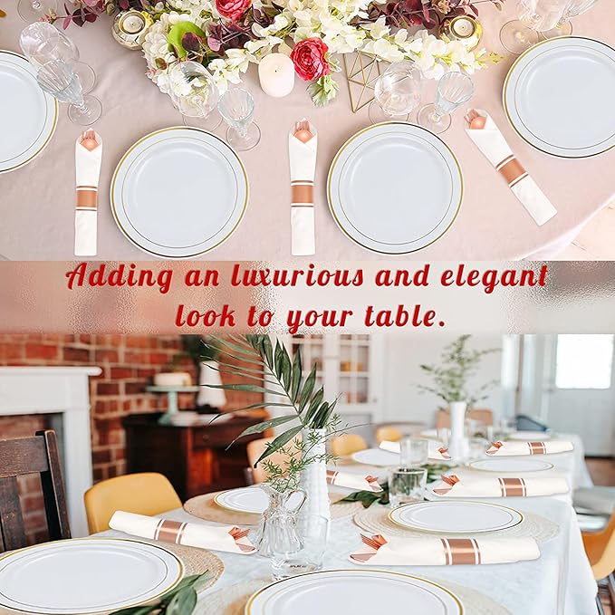 100 Pack Pre Rolled Rose Gold Plastic Silverware Set,Wrapped Plastic Cutlery Set with Napkin Include 100 Forks,100 Spoons,100 Knives and 100 White Napkins for Party, Wedding,showers
