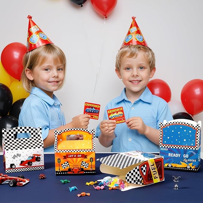 WERNNSAI 12 PCS Race Car Party Favor Boxes - Race Car Birthday Party Decorations Checkered Candy Treat Boxes Racing Party Favors for Kids Boys Let's Go Racing Car Party Supplies
