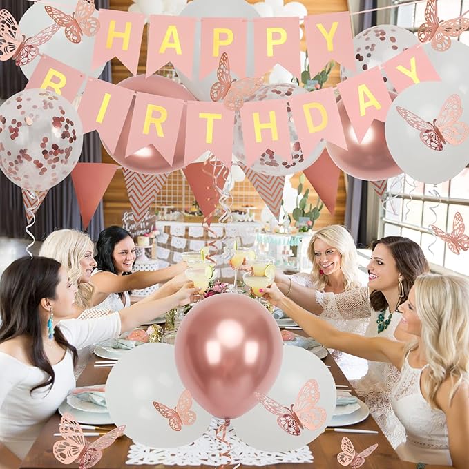 Rose Gold Birthday Decorations Women, Happy Birthday Banner for Girls Party Decorations with Balloons, Pennant Banner Flags and Rose Gold Butterfly Decorations