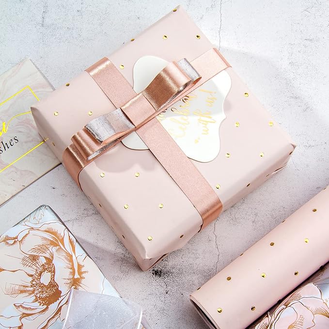 WRAPAHOLIC Pink Wrapping Paper Roll - Mini Roll - 3 Rolls - 17 Inch X 120 Inch Per Roll - Pink Floral Rose Gold Design for Wedding, Bridal Shower, Birthday, Baby Shower, Spring