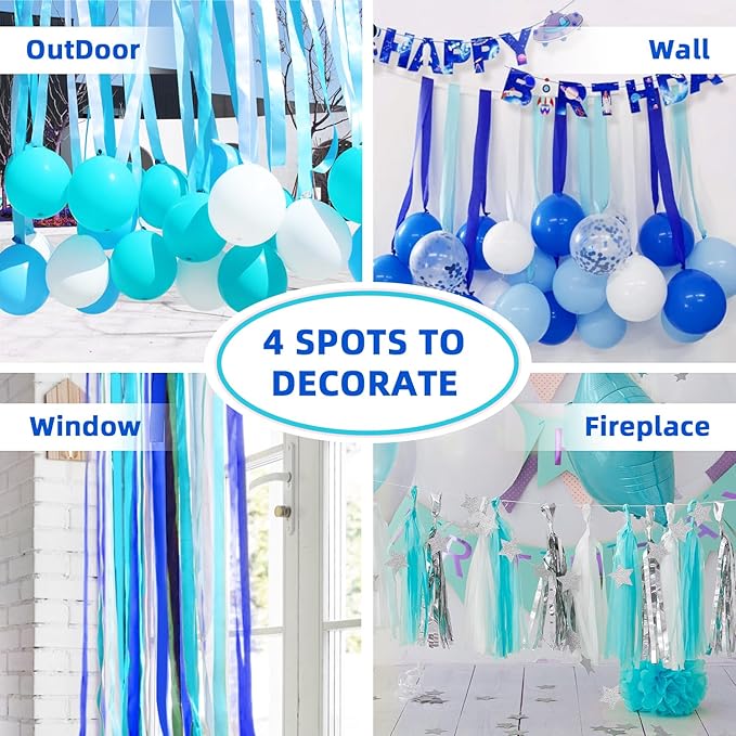 PIGETALE Crepe Paper Streamers 4 Rolls 328ft, Pack of White, Silver, Royal Blue, Light Blue Party Streamers for Birthday Wedding Ceremony Party Baby Bridal Shower Decorations (1.8Inch x 82Ft/Roll)