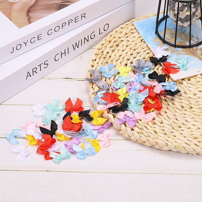 MECCANIXITY 50Pcs Mini Ribbon Bow 1" Mini Fabric Satin Ribbon Flower Bows for Craft DIY Sewing Wedding Birthday Party Pink
