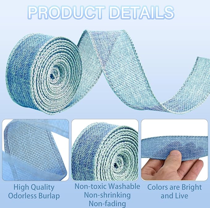 Blue Burlap Ribbon 2 inch X 10 Yard Natural Burlap Woven Wired Ribbons DIY Handmade Edging Production Wreath Holiday Decoration Gift Ribbon for Gift Wrapping Blue Ribbons