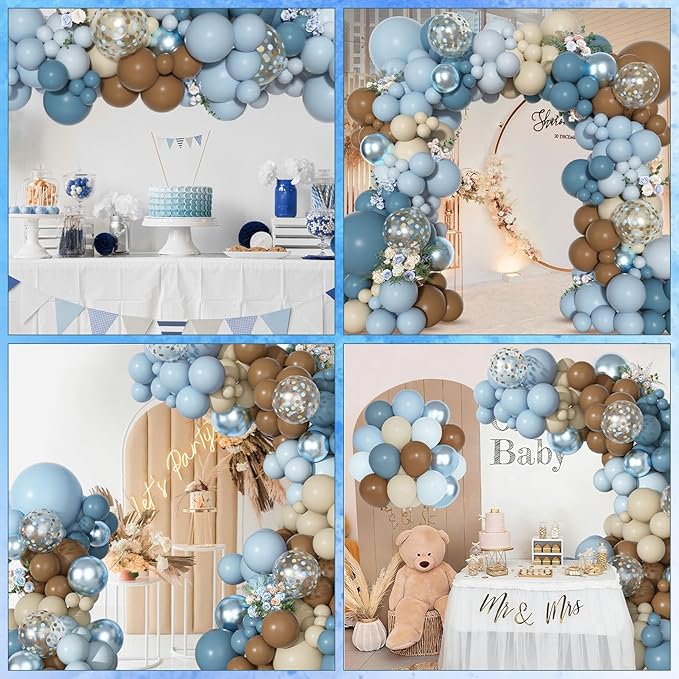 Ouddy Party Dusty Blue Brown Balloons Garland Arch Kit, Different Sizes 18 12 10 5 Inch Pastel Blue Tan Coffee Sand White Nude Latex Confetti Balloon for Bear Baby Shower Birthday Party Decorations