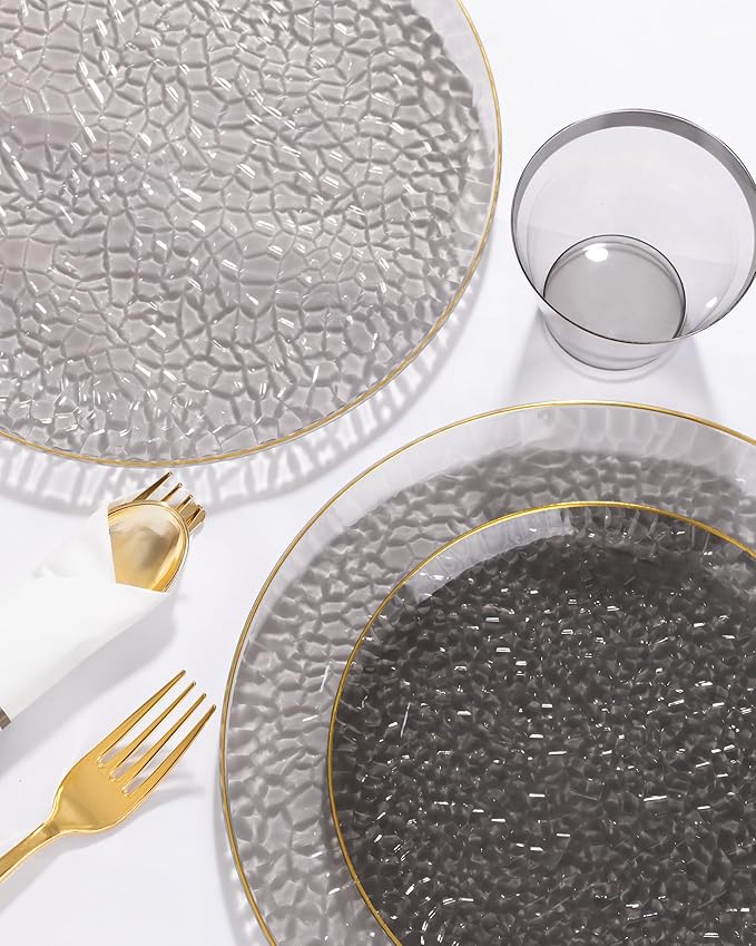 Hioasis 175pcs Black Gold Plastic Plates - Black Plastic Dinnerware Set Includes 25 Dinner Plate, 25 Dessert Plate, 25 Cups, 25 Napkins Perfect for Wedding & Party