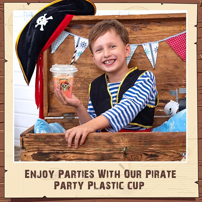 Boao 36 Sets Pirate Party Cups with Lids and Paper Straws 14 oz Skull Crossbones Treasure Drinking Cups Bulk for Halloween Pirate Birthday Baby Shower Party Supplies