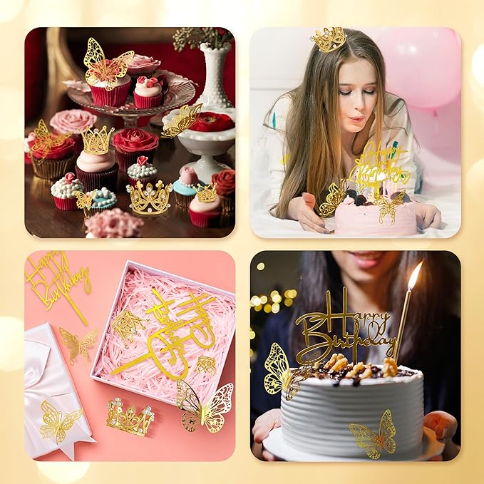 44 PCS Gold Crown Cake Decoration 16 PCS Mini Crown Tiny Crown with 24 PCS Butterfly Wall Decors and 4 PCS Birthday Cake Topper for Women Girl Crown Birthday Party Wedding Cake Decor
