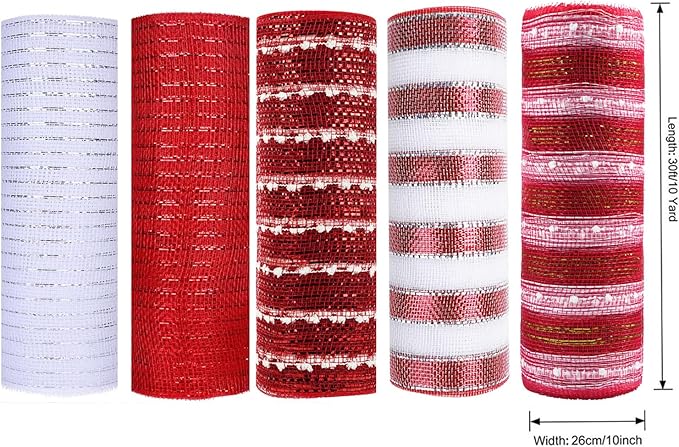 5 Rolls Christmas Mesh Ribbon for Wreath, 10 Inch x 30FT Per Roll Metallic Foil Deco Mesh Rolls Red White Ball Stripe Decorative Mesh for Christmas Tree Winter Holiday Wreath Party Decor