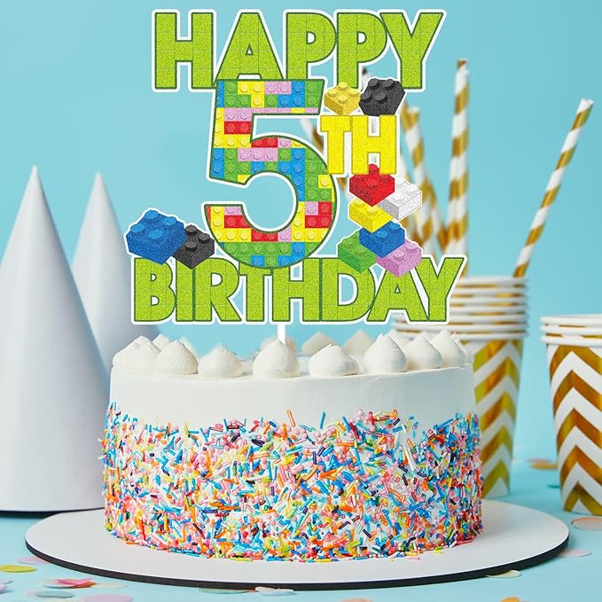Happy 5th Birthday Building Block Cake Topper - Puzzle Games Boy's 5th Birthday Party Green Cake Topper Supplies - Building Block Party Decoration For Boy