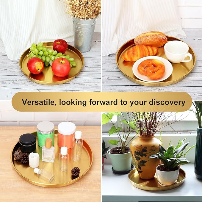 5 Pcs 12 Inch Gold Round Serving Tray, Stainless Steel Decorative Table Trays, Brushed Brass Finish, Multi-Functional for Home, Kitchen, and Vanity