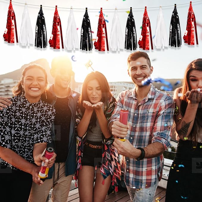 BEISHIDA 3 Packs Red Black White Metallic Foil Fringe Tassel Garland, Tassels Banner Streamers for Car Floats Bridal/Baby Shower Birthday Wedding Halloween Christmas Holiday Party Decoration