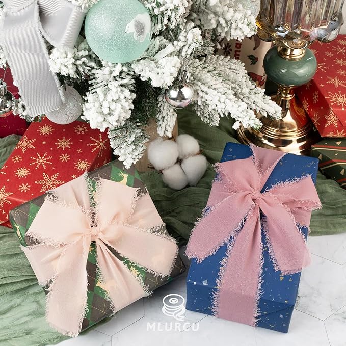 Pink Chiffon Ribbon 1.5 Inch x 3Yds Pastel Pink/Peach/Cream/Blushing Rose/Dusty Rose/Rosy Mauve Handmade Fringe Chiffon Silk Ribbon for Wedding Invitation Flower Bouquets Gift Wrapping Bridal Shower