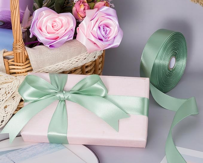 YASEO 1 Inch Sage Green Solid Satin Ribbon, 50 Yards Craft Fabric Ribbon for Gift Wrapping Floral Bouquets Wedding Party Decoration