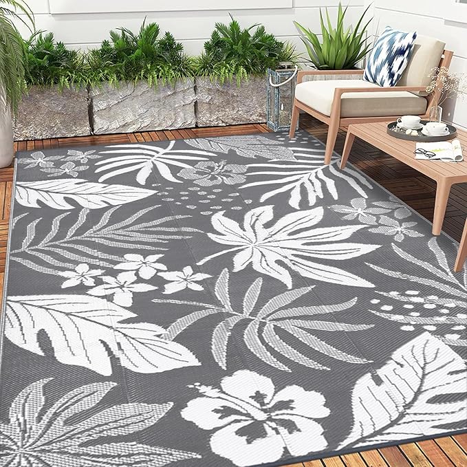 Pauwer Waterproof Outdoor Rug 6x9, Reversible Plastic Straw Patio Camping Rug, Indoor Outdoor RV Mat Carpet for Deck, Camper, Porch, Balcony, Backyard, Picnic, Floral Grey
