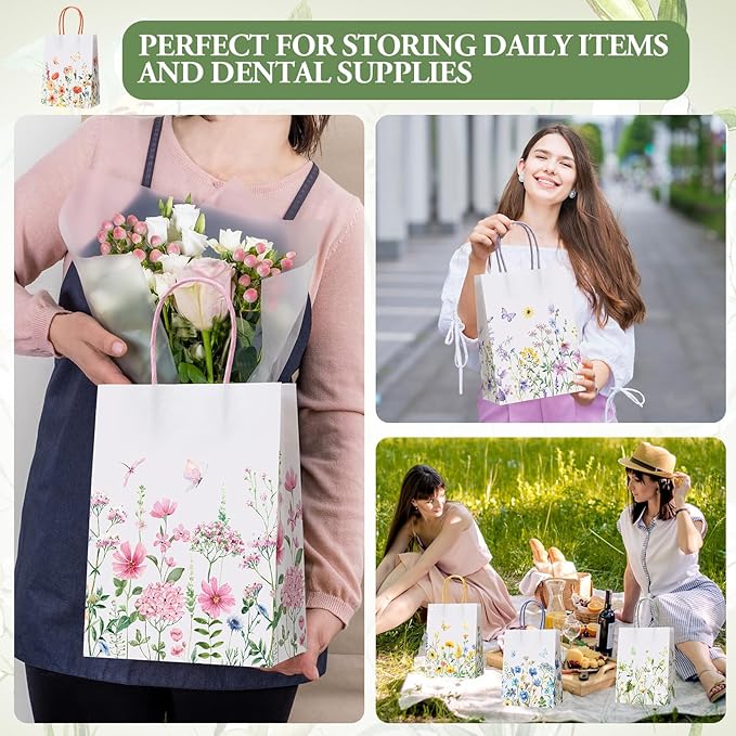 Gaillty 48 Pcs Wildflower Paper Gift Bags 6 Styles, Floral Goodie Bags with Handles Flower Wedding Welcome Bag Bulk for Wedding Bridal Shower Engagement Baby Shower Birthday Spring Tea Party Supplies