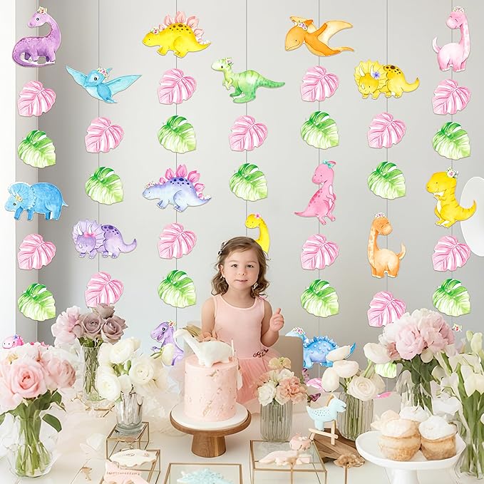 8pcs Dinosaur Theme Party Hanging Garlands Pink Dinosaur Birthday Party Ceiling Garland Decorations for Girls Dino Theme Birthday Baby Shower Supplies