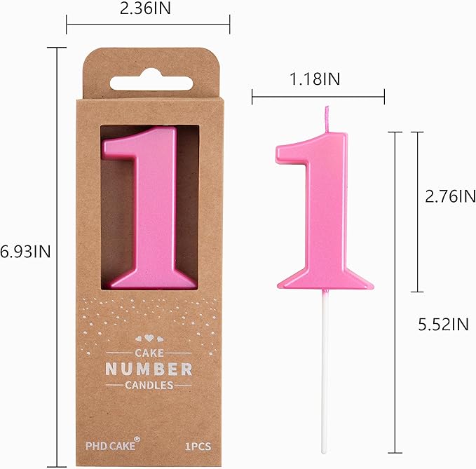PHD CAKE 2.76 Inch Modern Pink 1 Number Birthday Candles, Pink Number Candles, Cake Number Candles, Party Celebration
