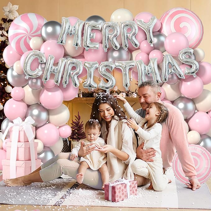 Christmas Balloon Garland Arch Kit 115pcs Pink Silver White Balloon Garland with Candy Windmill Merry Christmas Balloons for Xmas Party Decorations